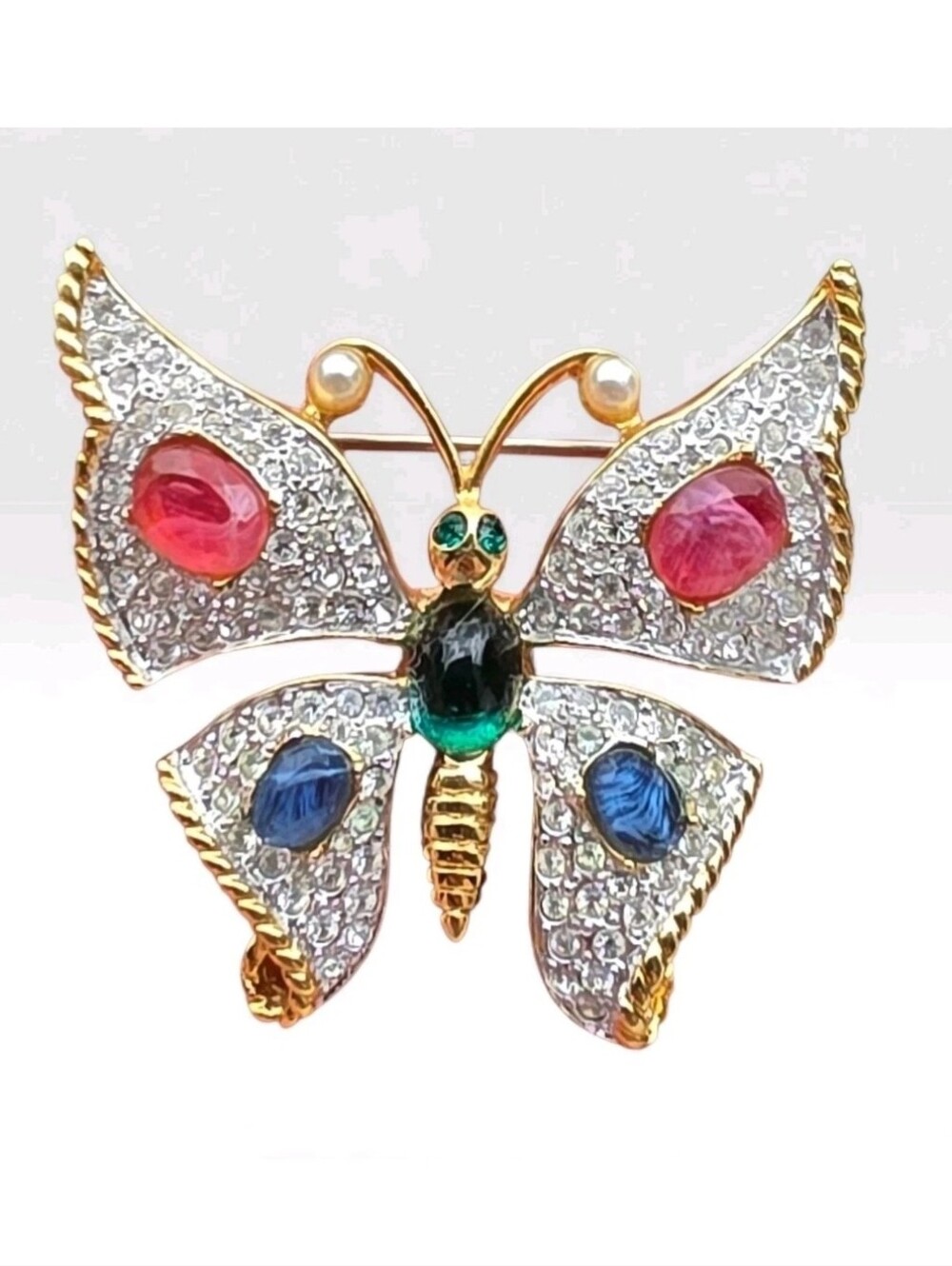 Vintage Signed CAROLEE Butterfly Figural Brooch Multicolor Cabochon Rhinestone